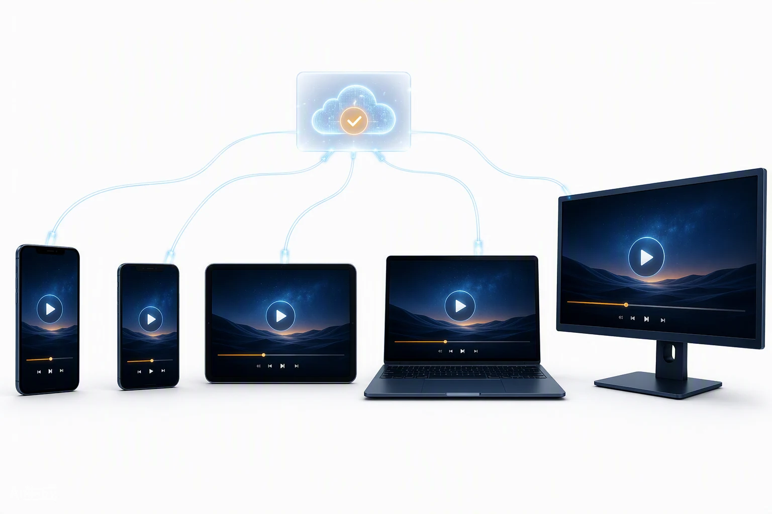 Android、iOS、HarmonyOS、Windows、macOS 五端设备同步示意